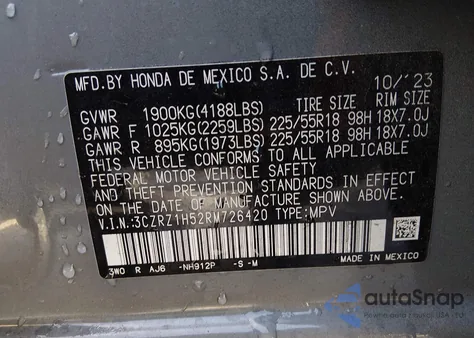 2024 Honda Hr-V 2Wd Sport/2Wd Sport W/O Bsi from USA, damaged, VIN 3CZRZ1H52RM726420